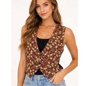 Ellen Ashley Womens Vest Red Floral Beaded Batik Style‎ Button Front Size L